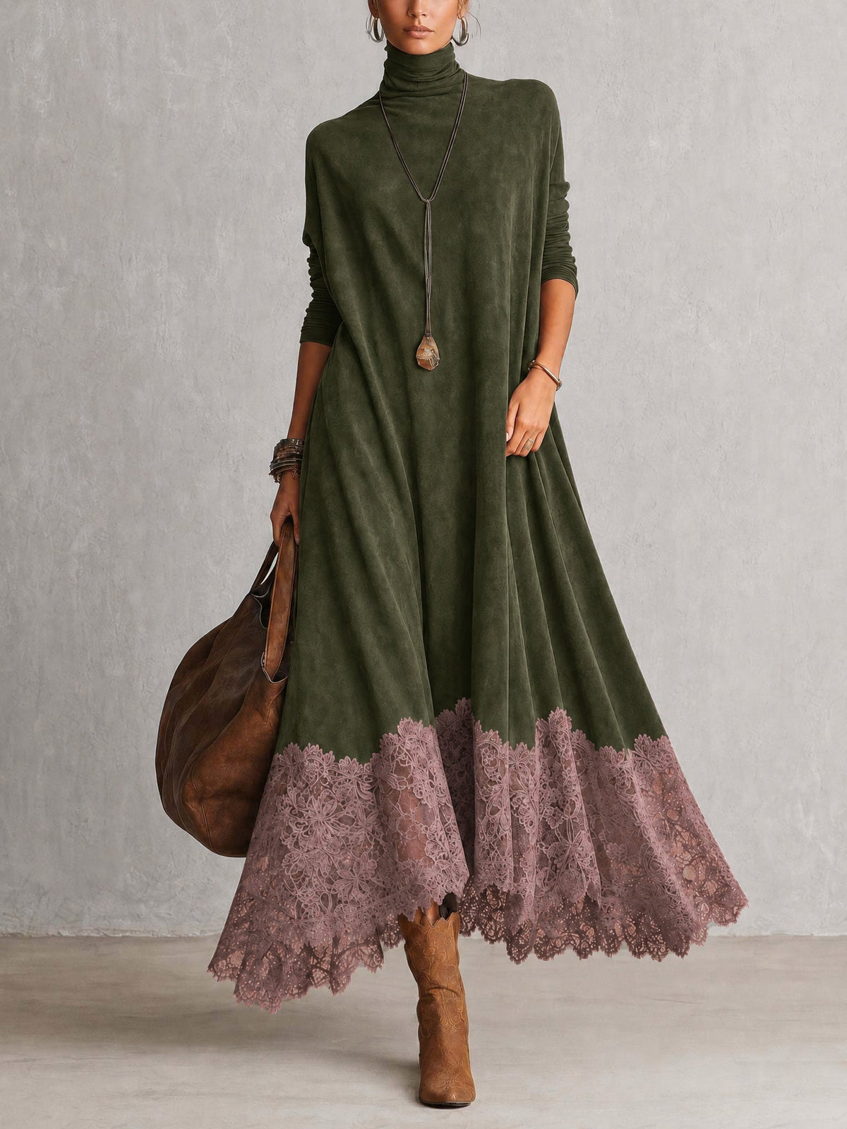 Robe longue femme effet suédé avec dentelle