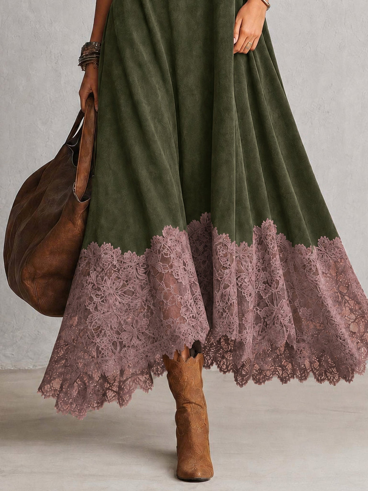 Robe longue femme effet suédé avec dentelle