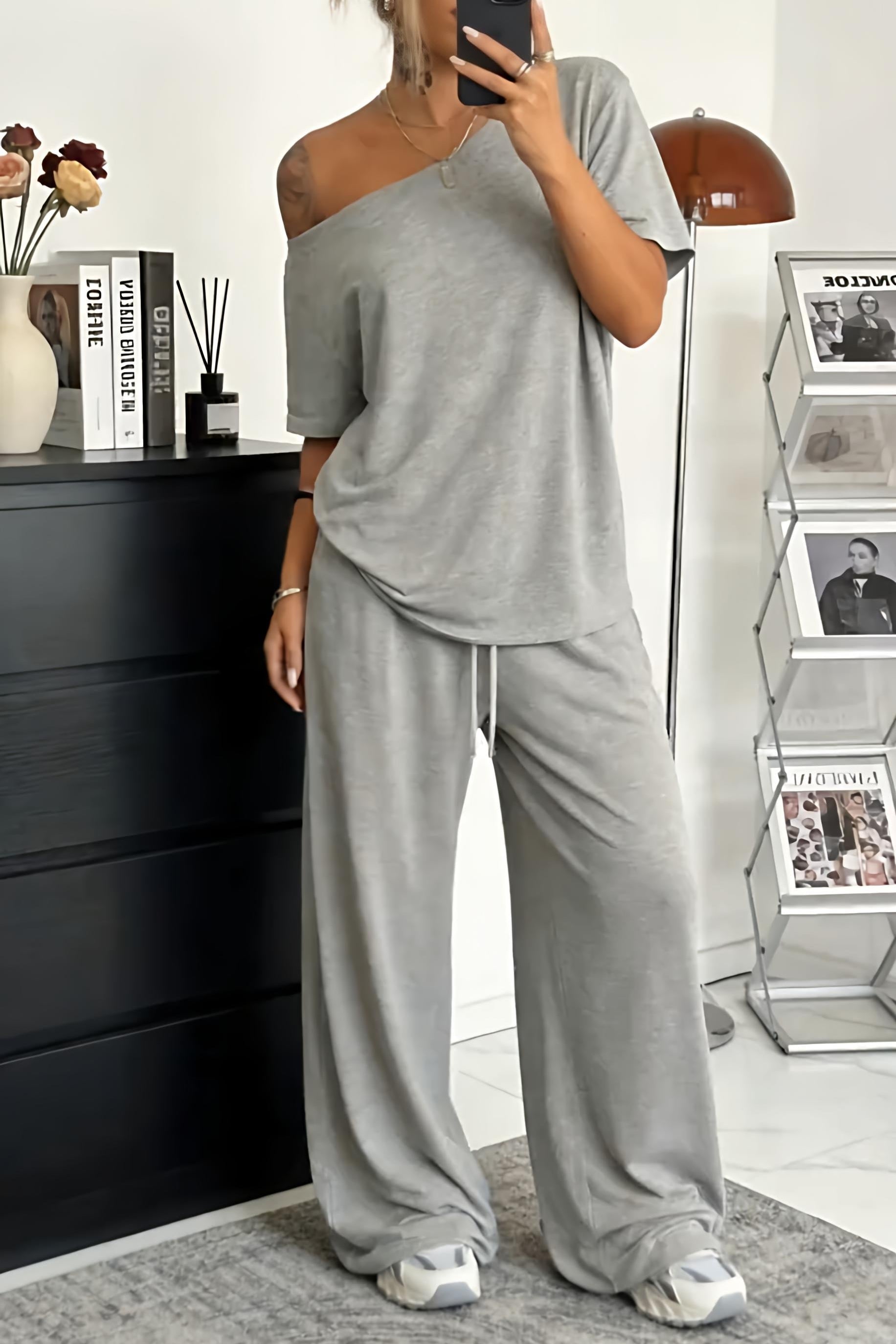 Ensemble Femme Décontracté Épaules Nues et Pantalon Large