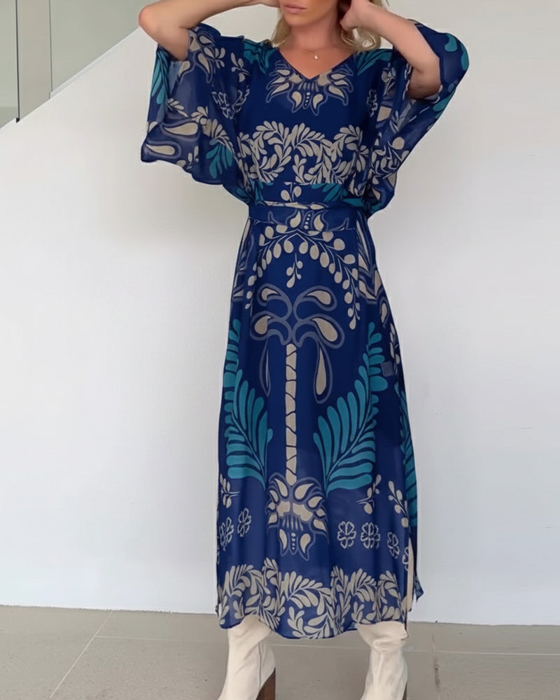 Robe Maxi Bohème Femme Col V Imprimé Feuilles Élégant
