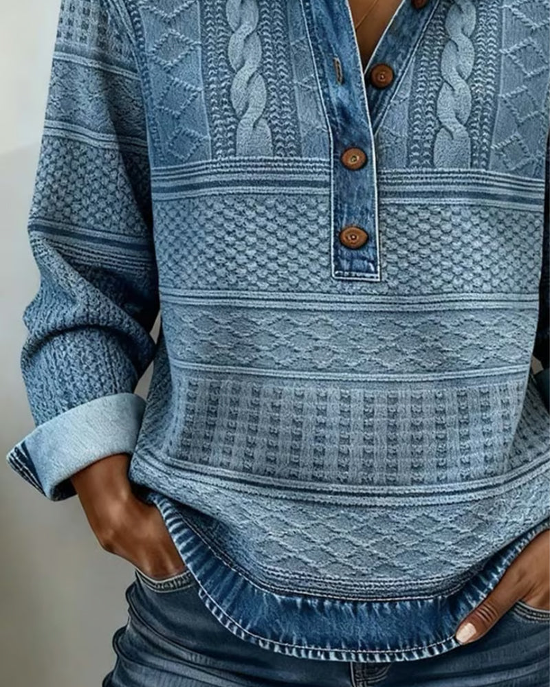 Haut en maille effet denim à col polo pour femme décontracté et élégant