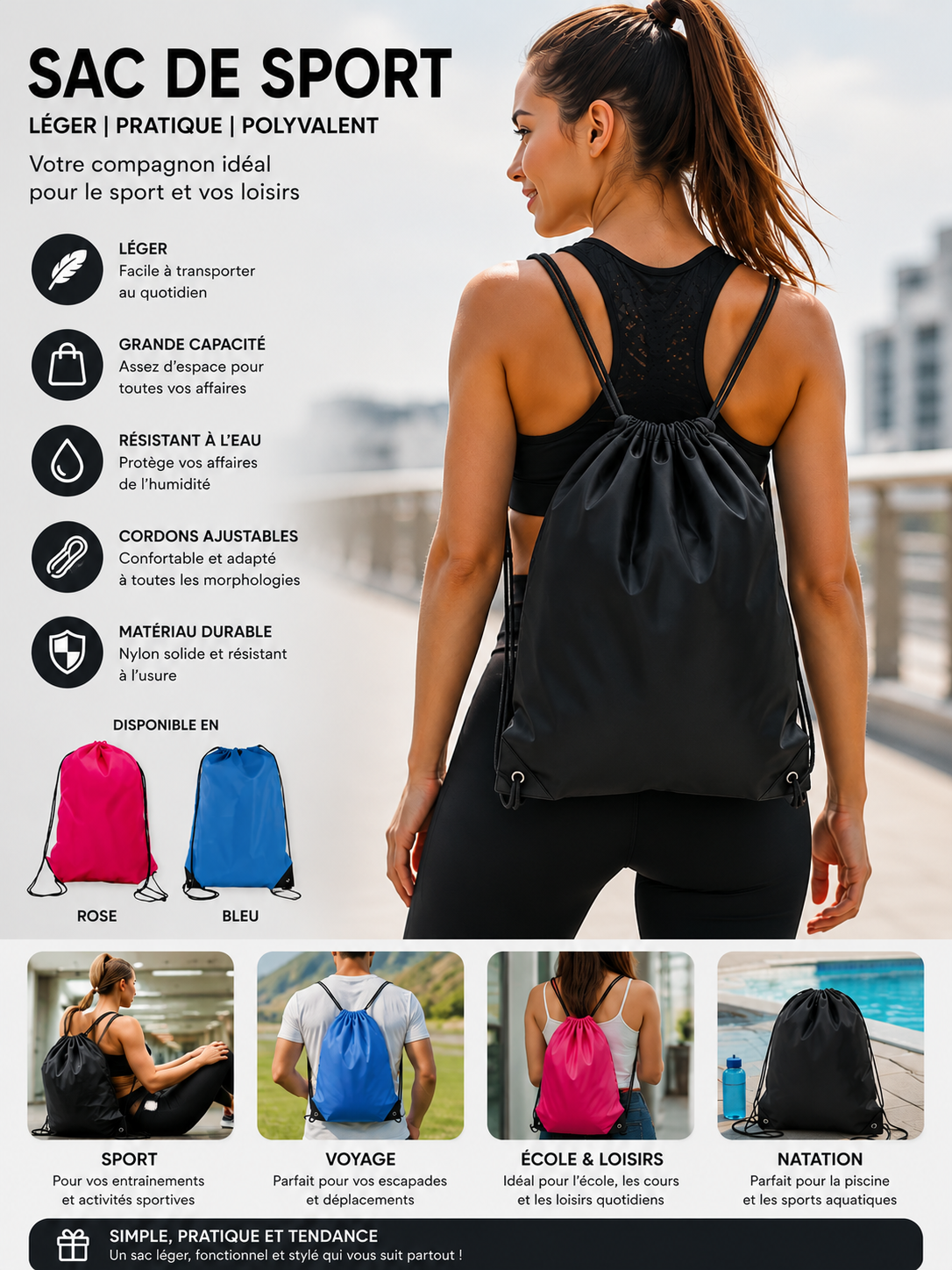 Sac à cordon en polyester léger pour sport et voyage