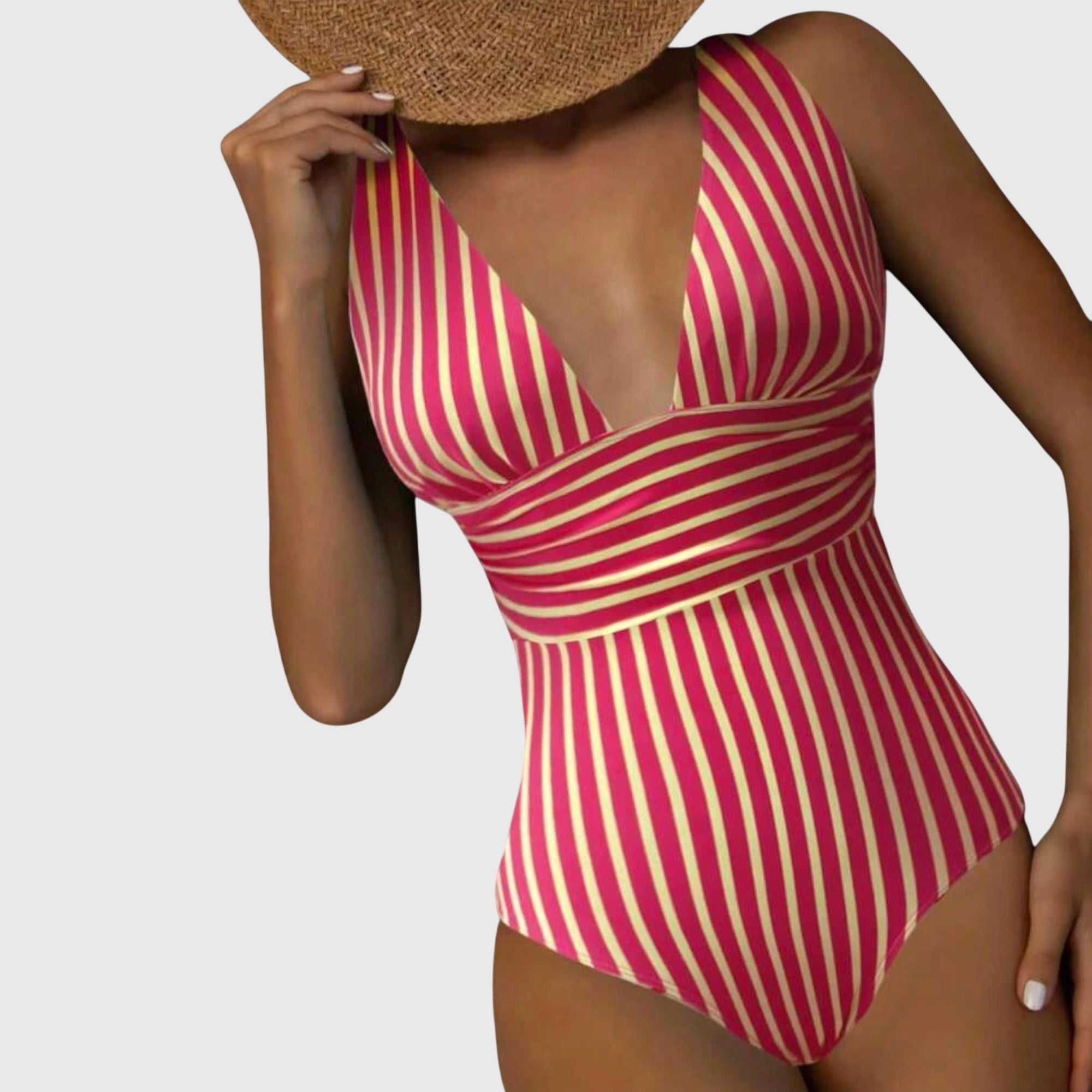 Maillot de bain une pièce femme col V plongeant rayures ceinture croisée gainant