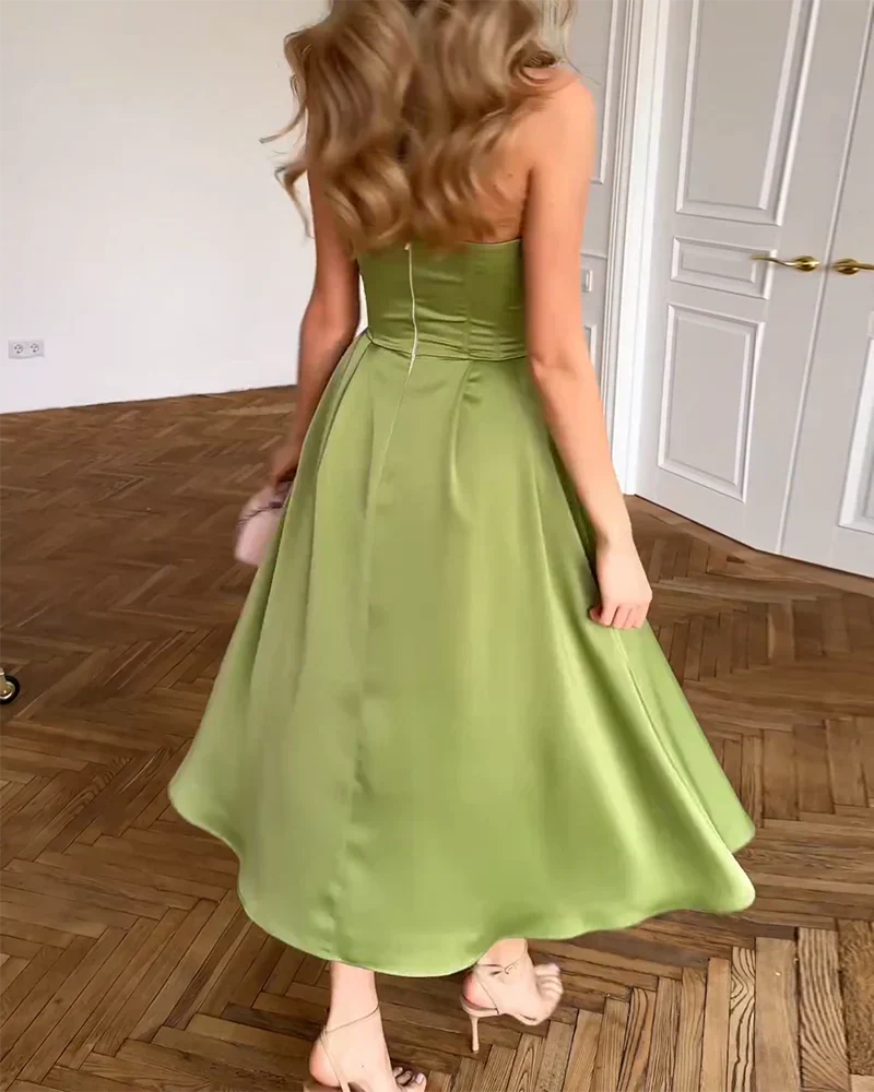 Robe Midi Élégante en Satin Sans Bretelles pour Femmes