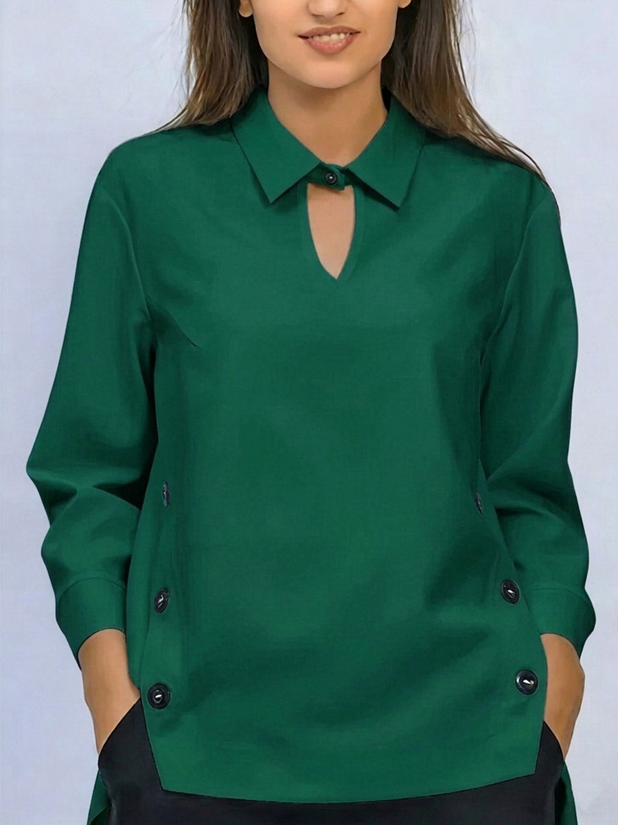 Blouse Femme Coton Col Chemise Manches Longues Coupe Ample Élégante