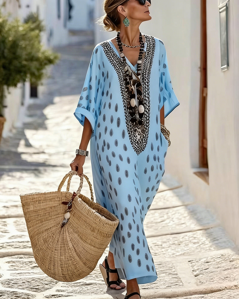 Robe Maxi Kaftan Pois Col V Broderie Ethnique Fluide