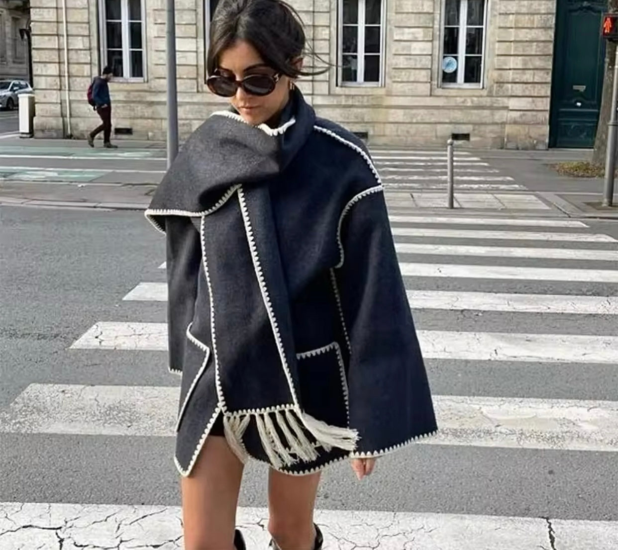 Manteau en laine tweed femme – Col rond, coupe ample