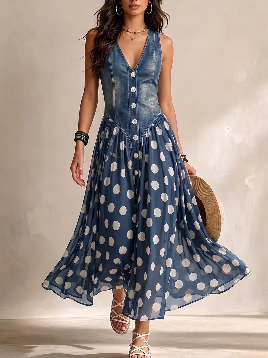 Robe longue femme effet denim avec jupe à pois fluide