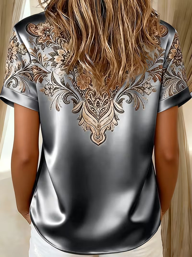 Blouse femme satinée à imprimé floral et col chemise élégant