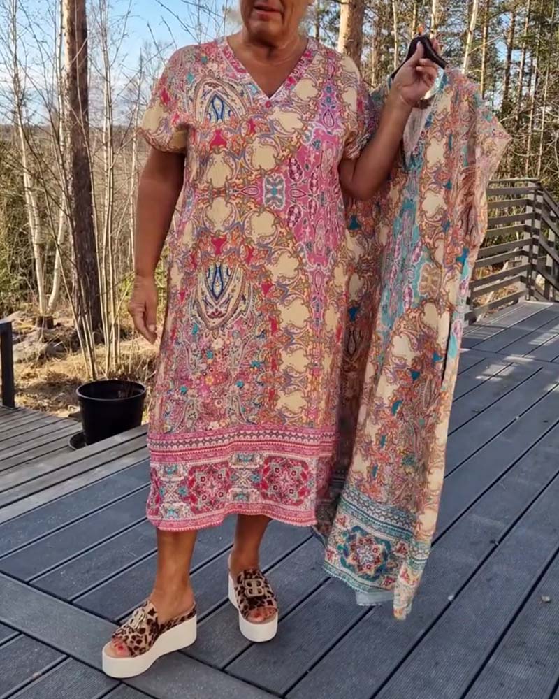 Robe Femme Midi Imprimée Col V Coupe Droite Confort Été