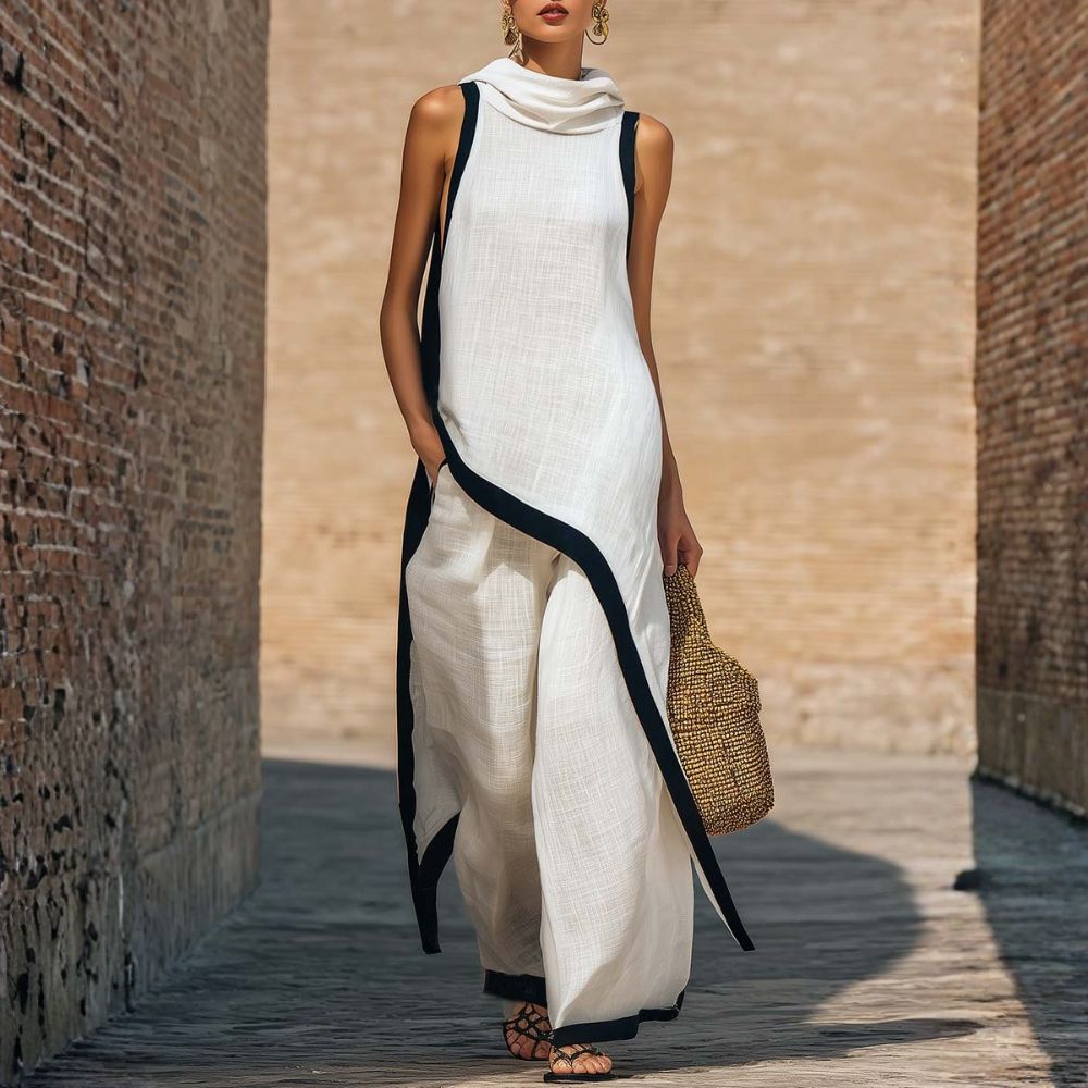 Tenue femme en lin et coton avec tunique asymétrique et pantalon large