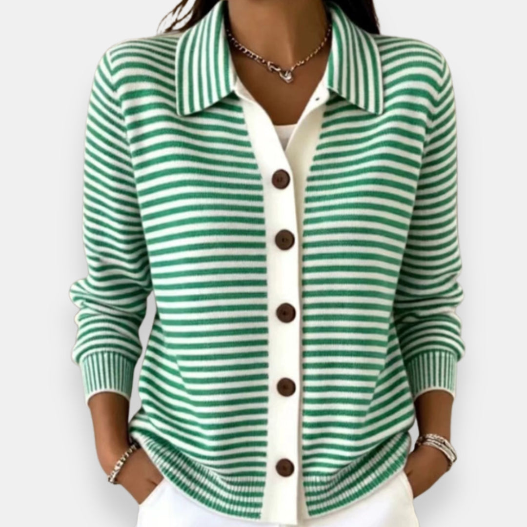 Cardigan femme rayé boutonné à col classique