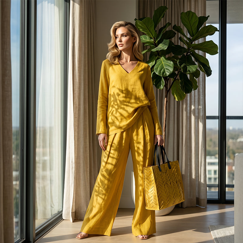 Ensemble femme fluide avec pantalon large et col en V élégant