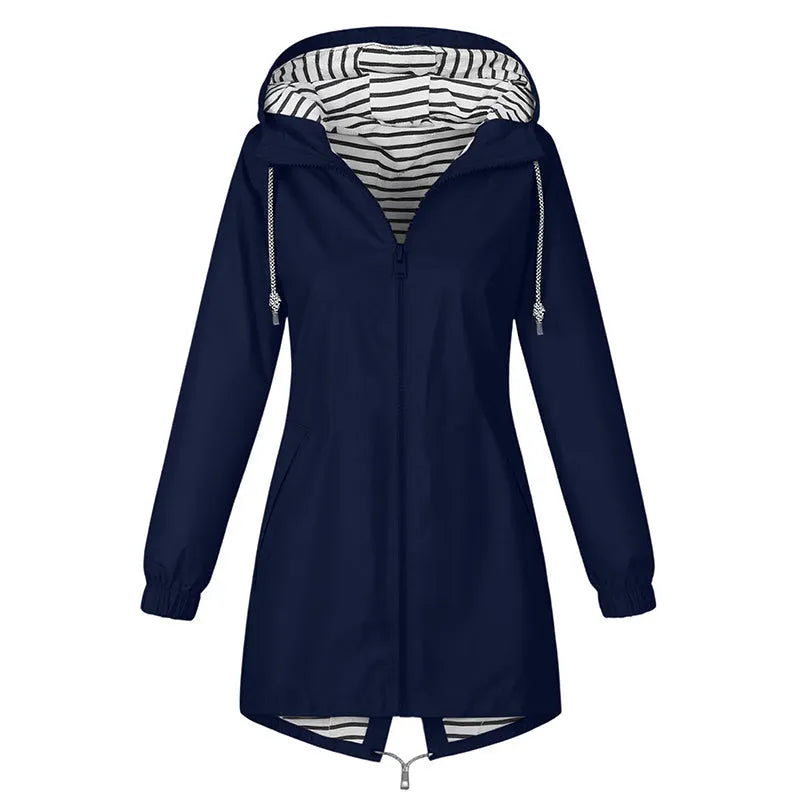 Imperméable femme long à capuche et doublure rayée