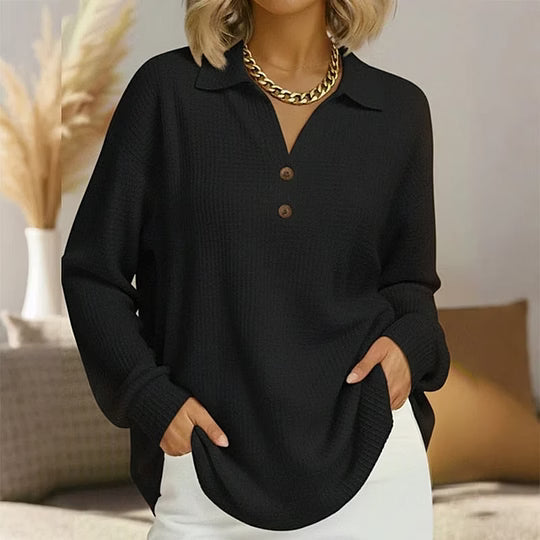 Blouse femme à col V boutonné et manches longues gaufrées