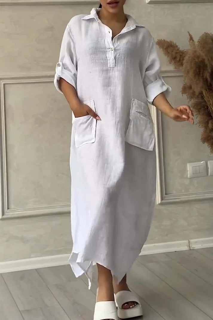 Robe Longue Femme Lin Coton Coupe Ample Col Revers Poches Style Décontracté