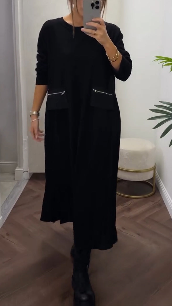 Robe longue femme plissée fluide col rond manches longues avec poches décontractée chic