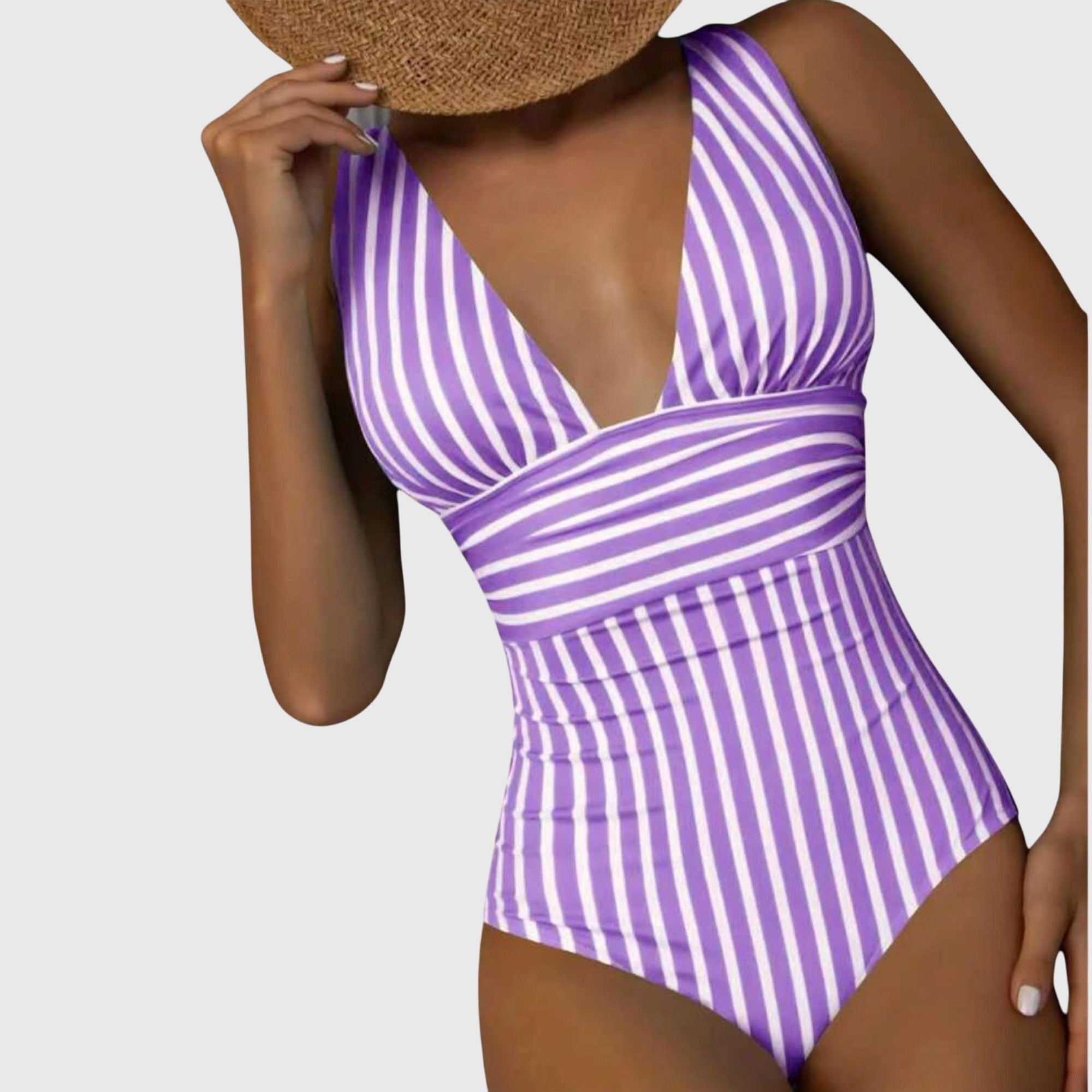 Maillot de bain une pièce femme col V plongeant rayures ceinture croisée gainant