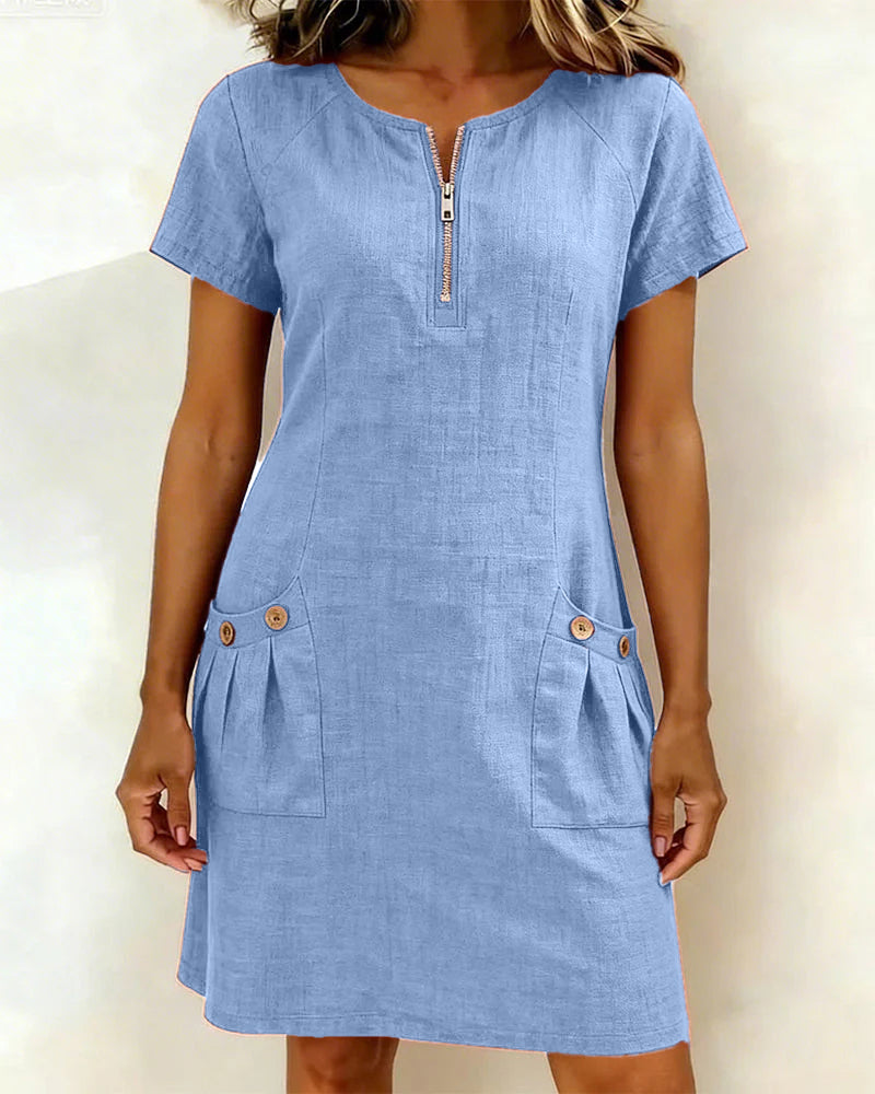 Robe Courte Femme Élégante avec Poches et Col Zippé Moderne