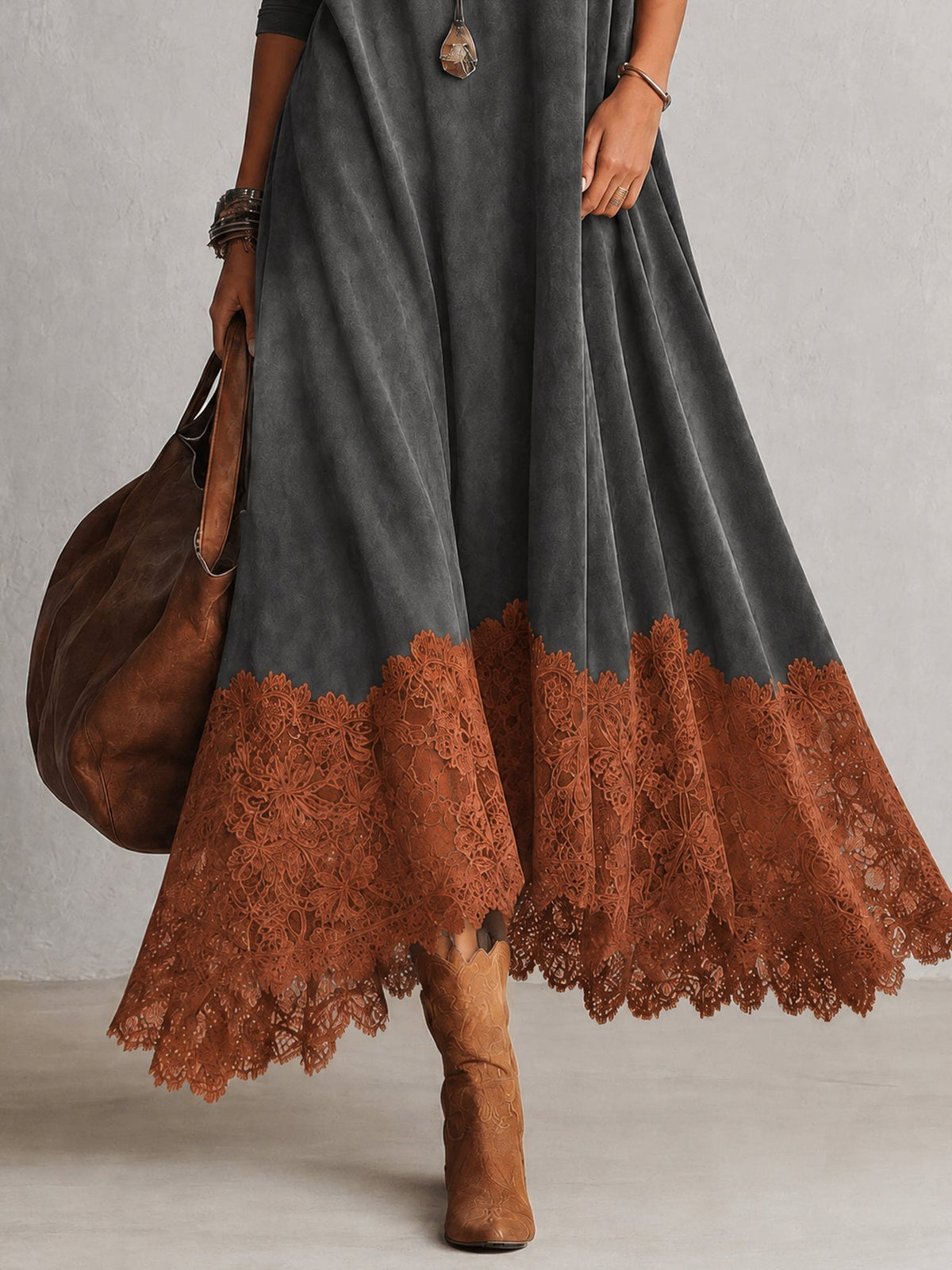 Robe longue femme effet suédé avec dentelle