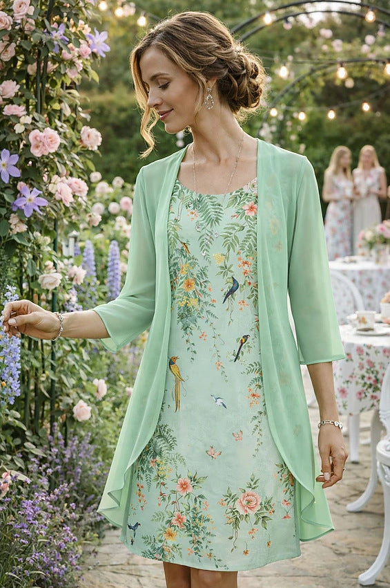 Ensemble femme robe florale avec cardigan léger assorti