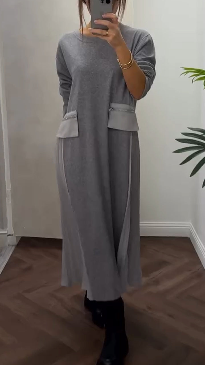 Robe longue femme plissée fluide col rond manches longues avec poches décontractée chic