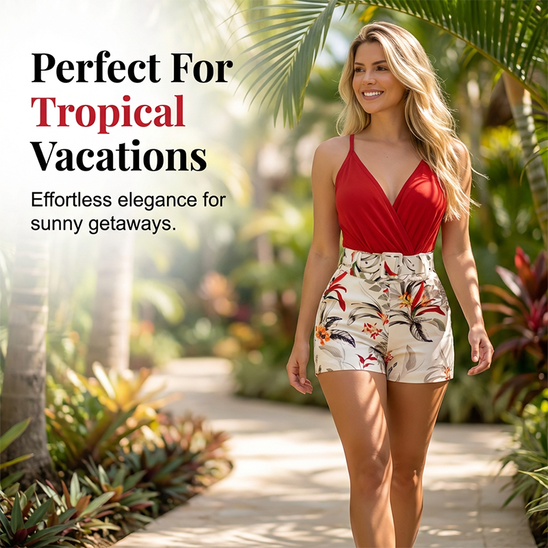Ensemble Tropical Élégant avec Short Taille Haute et Décolleté en V