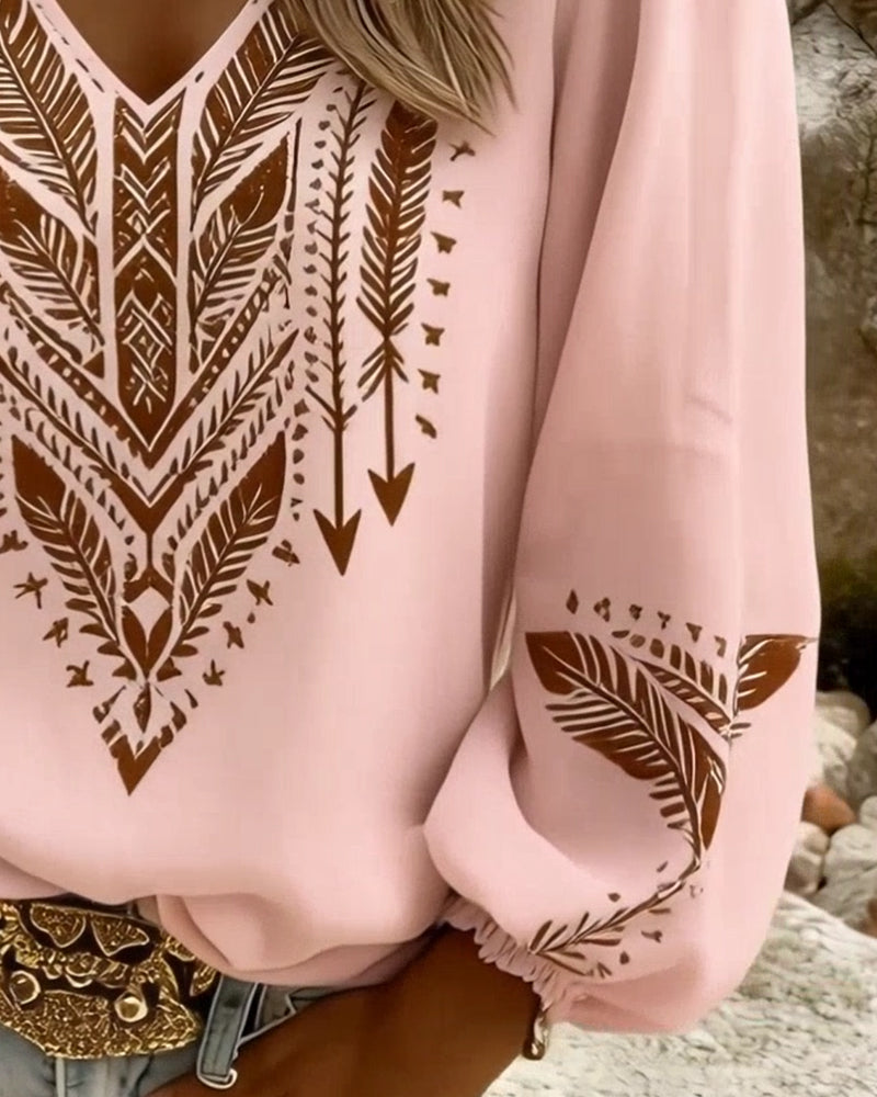 Blouse Bohème Femme à Décolleté en V et Manches Bouffantes