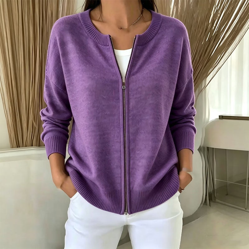 Cardigan en maille femme à col rond et fermeture zippée