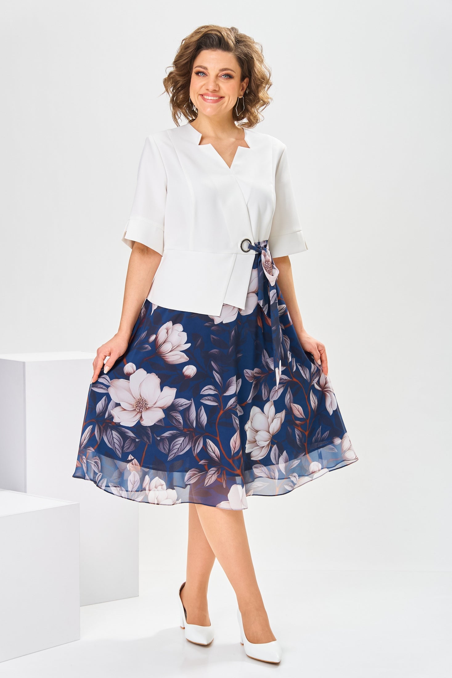 Robe femme midi fluide coton soie imprimé floral manches courtes – élégante