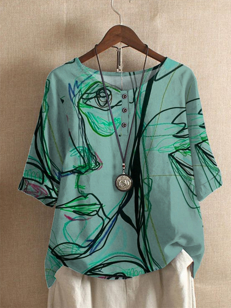 T-shirt Femme Artistique Imprimé à Col Rond et Manches 3/4