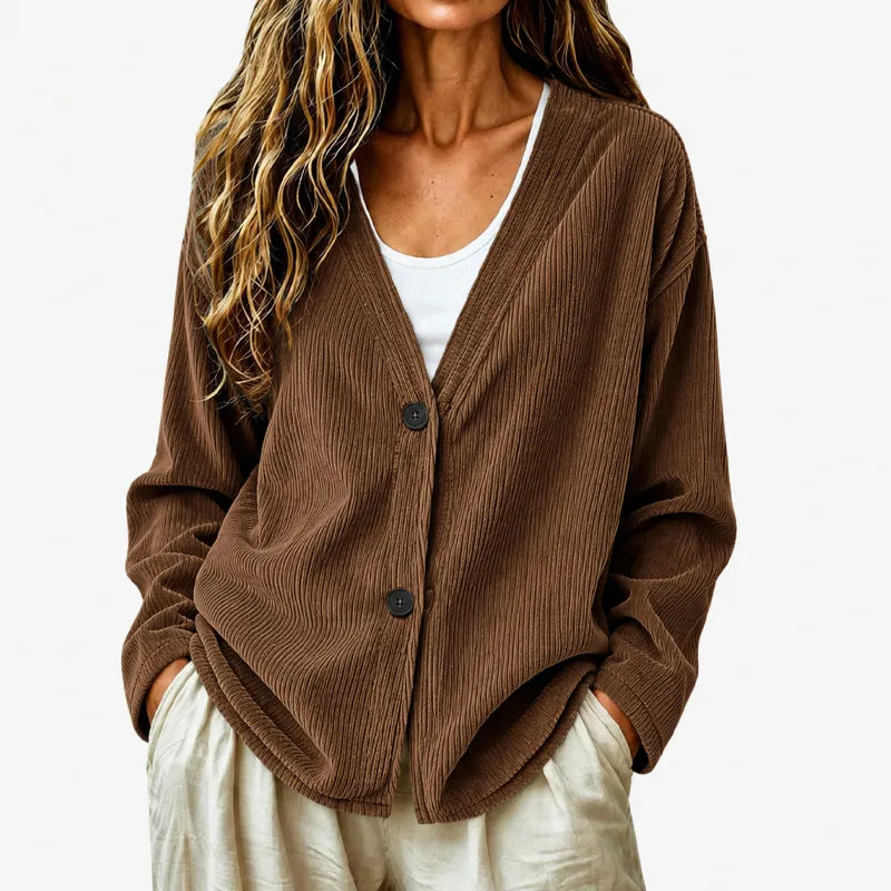 Cardigan femme côtelé à col V boutonné