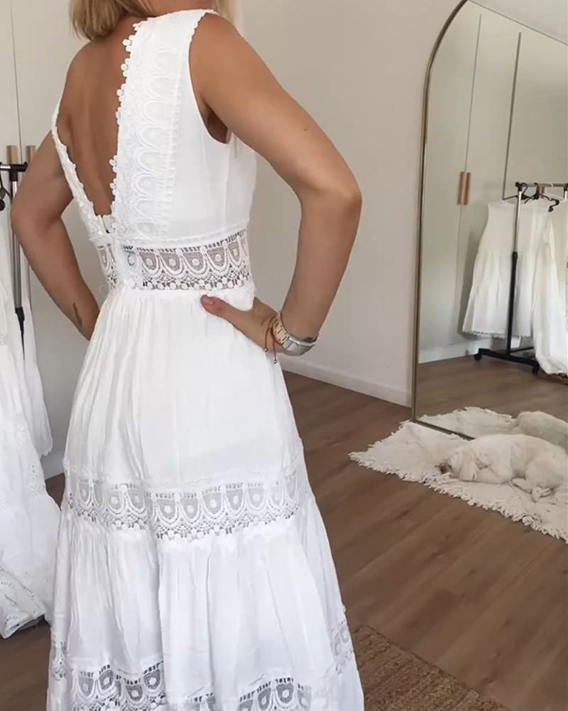 Robe Midi Femme Dentelle Col V Coupe Fluide Sans Manches Style Estival