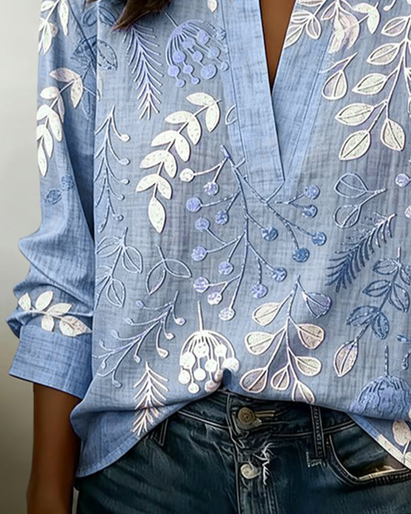 Blouse Femme Florale Coton Col V Coupe Élégante Été