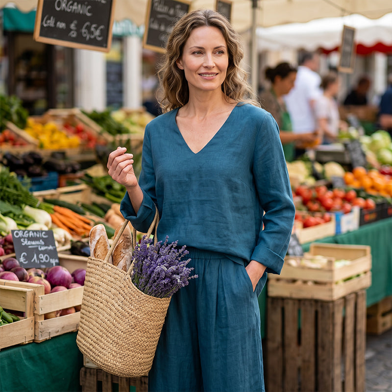 Ensemble femme fluide avec pantalon large et col en V élégant