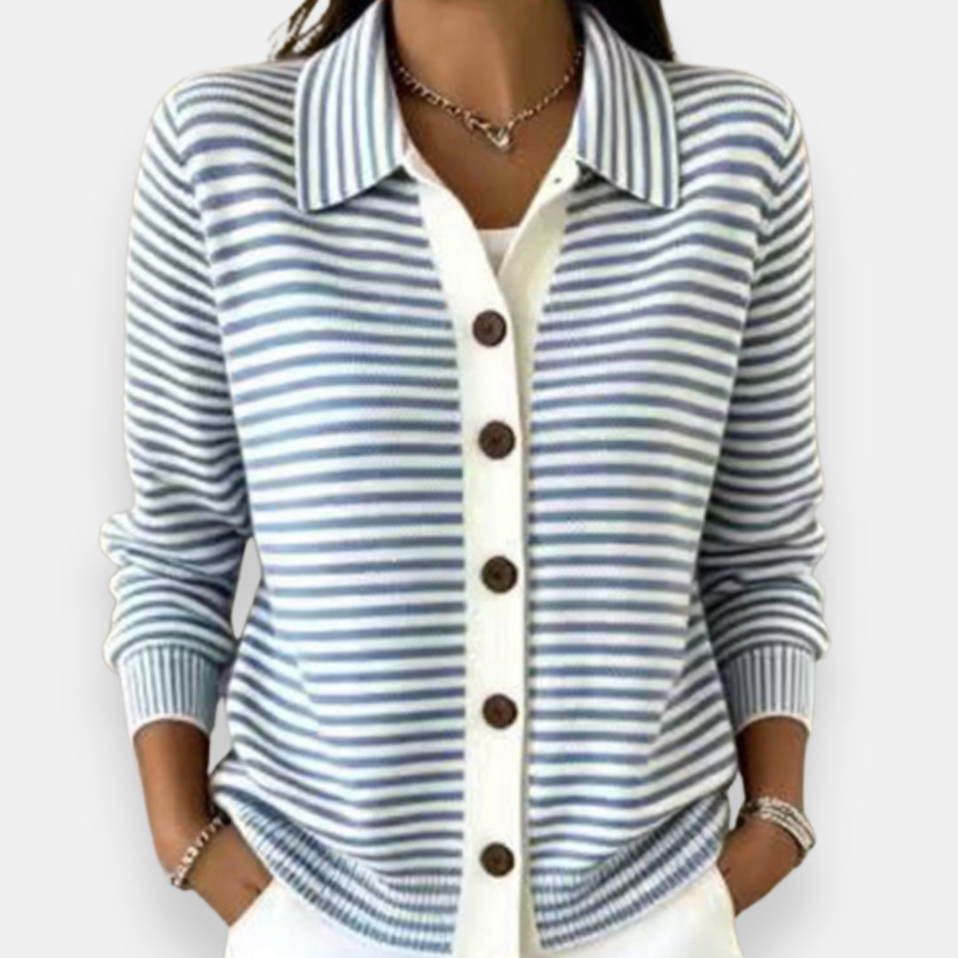 Cardigan femme rayé boutonné à col classique