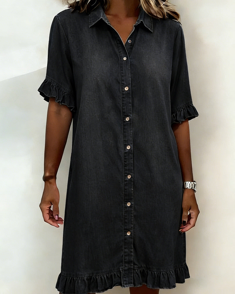 Robe femme en denim confortable avec boutons et détails volantés