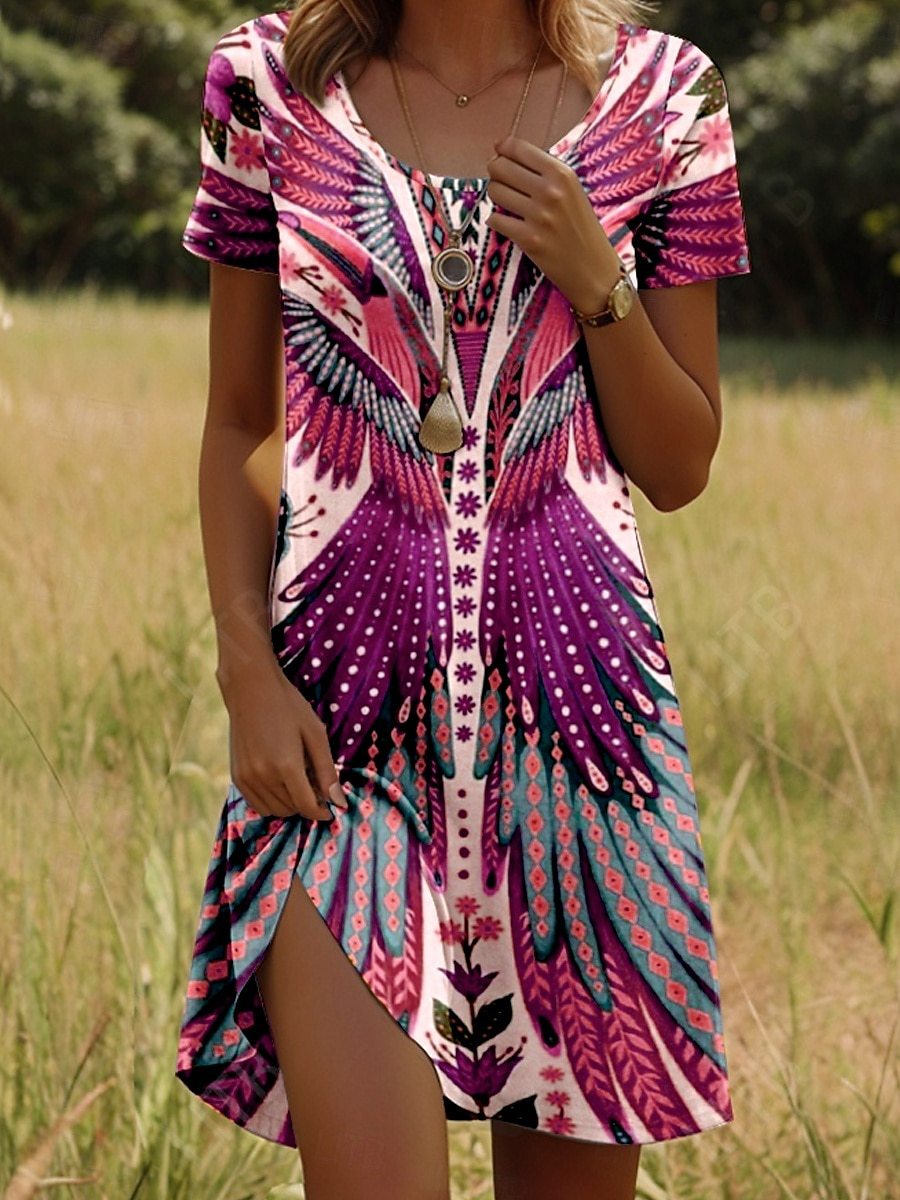 Robe Courte à Imprimé Ethnique Coupe Légère à Manches Courtes