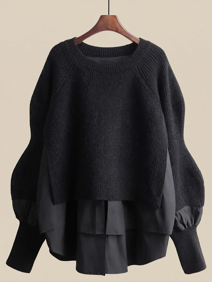 Pull femme en maille à manches raglan et effet superposé