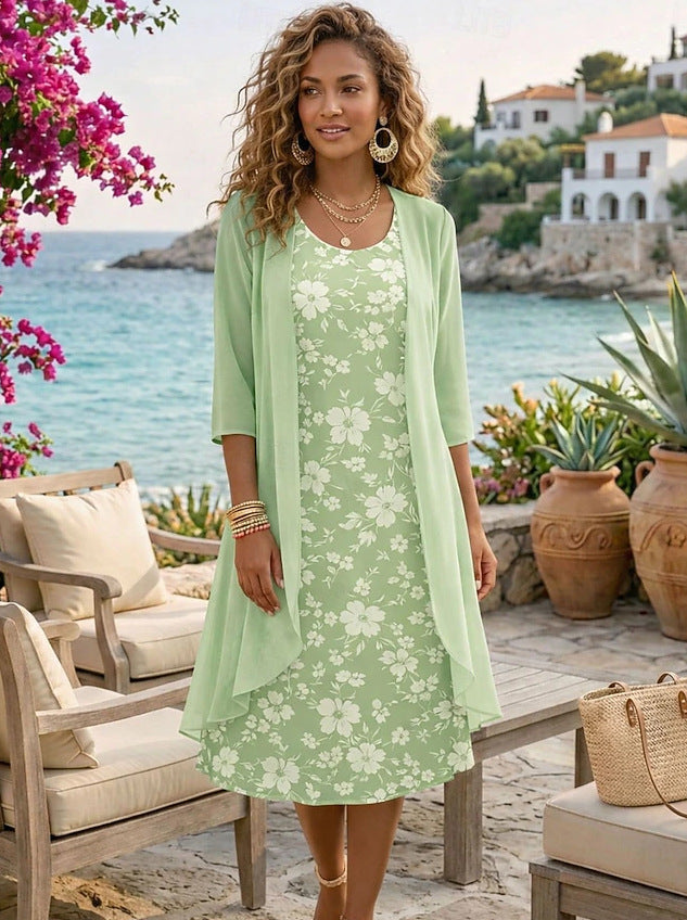 Ensemble femme robe florale avec cardigan léger assorti