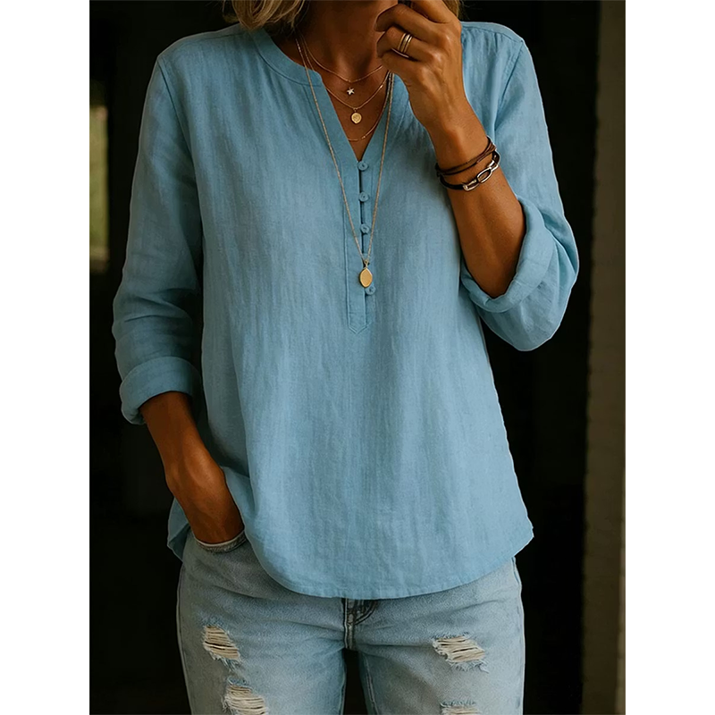Chemise femme ample à col V avec boutons et manches retroussables