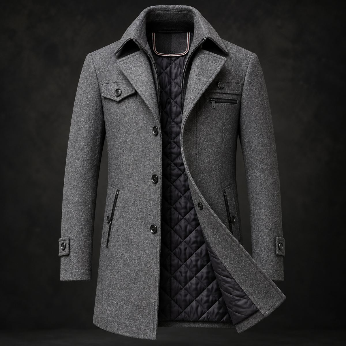 Manteau homme en laine à col montant et doublure matelassée