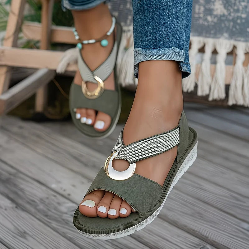 Sandales femme orthopédiques à bride élastique et détail doré