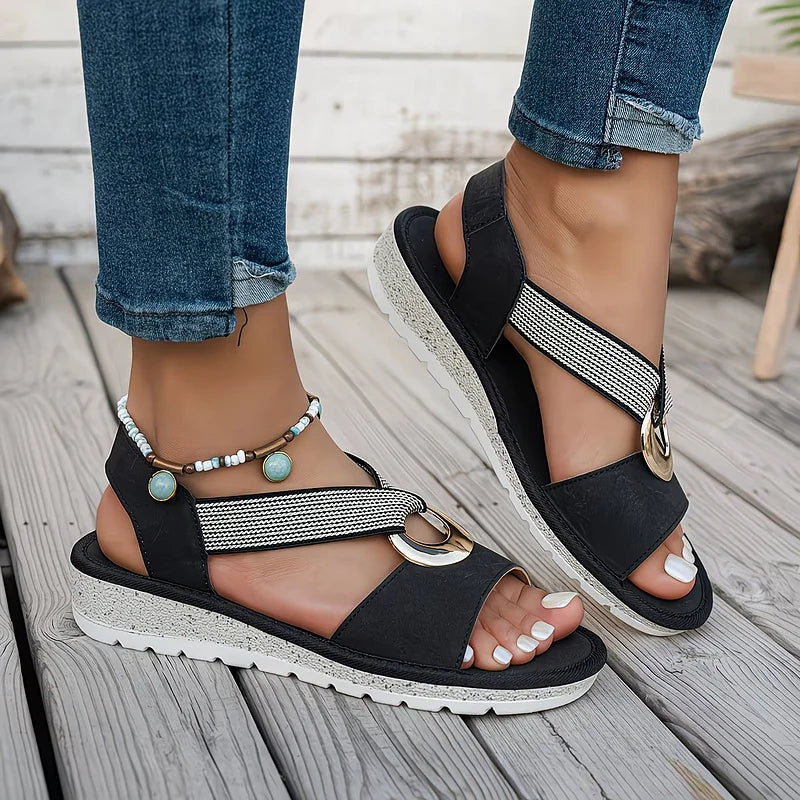 Sandales femme orthopédiques à bride élastique et détail doré