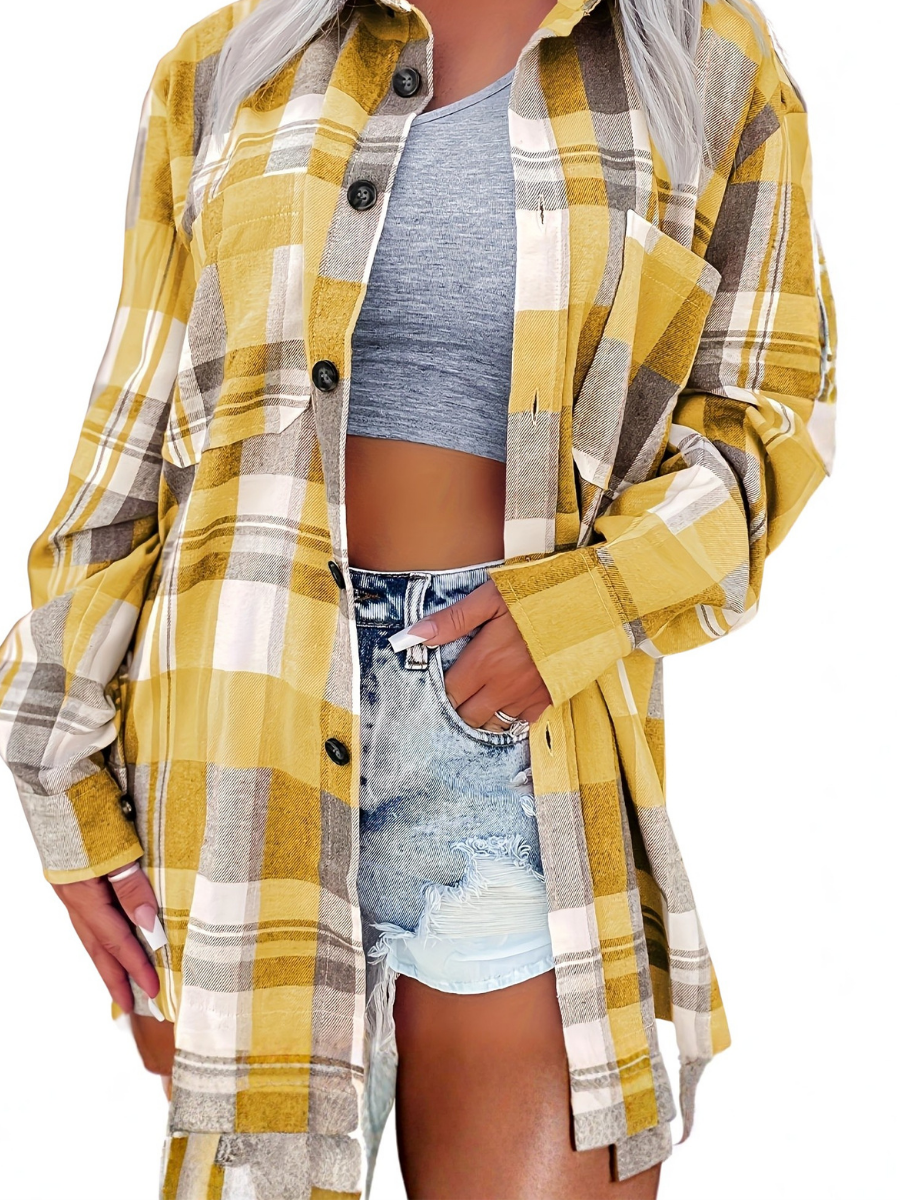 Chemise longue femme à carreaux avec poches et boutons