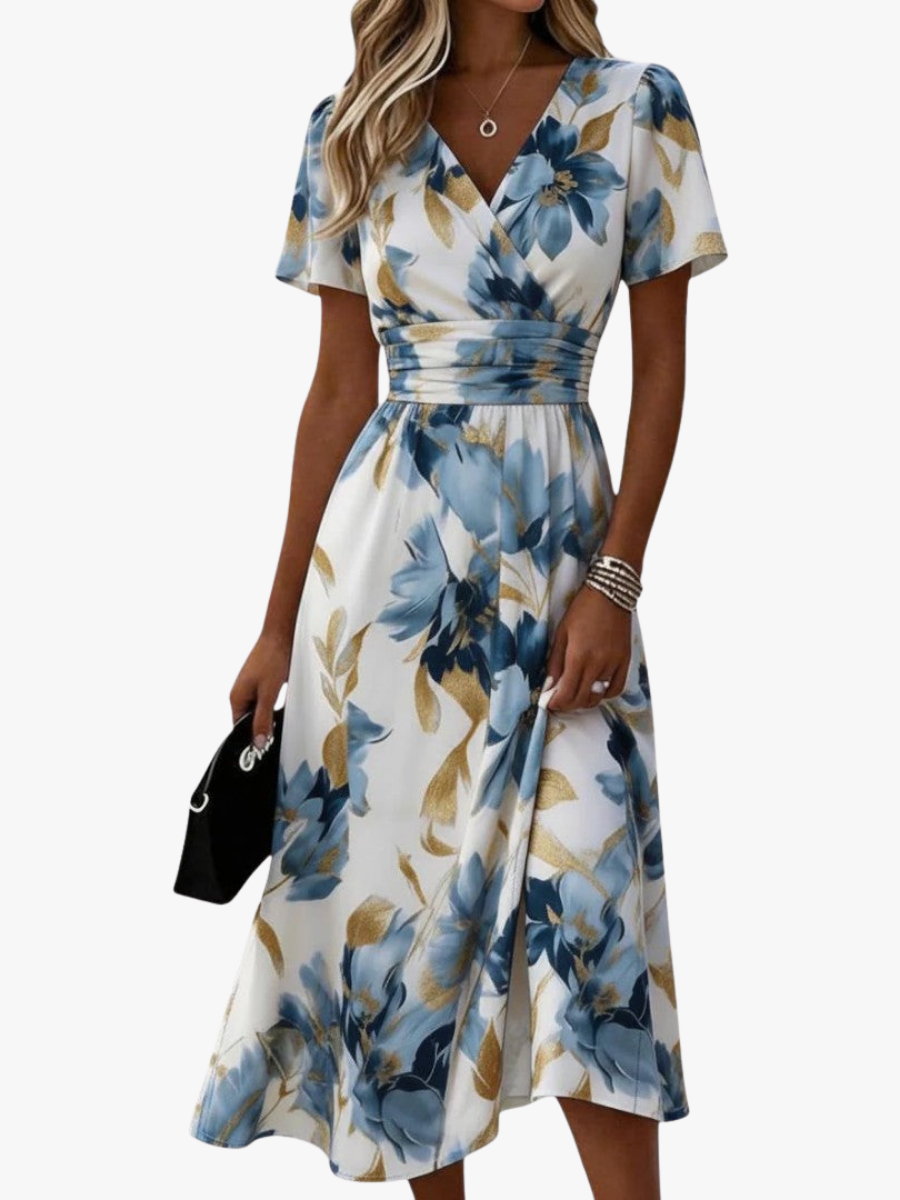 Robe midi femme cache-cœur à imprimé floral bleu