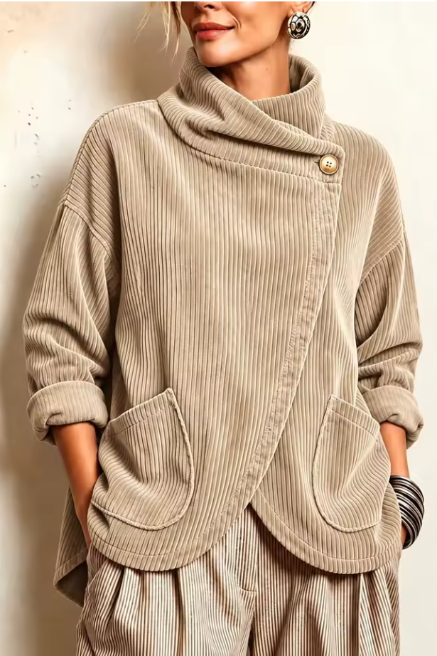 Pull femme en velours côtelé à col montant asymétrique