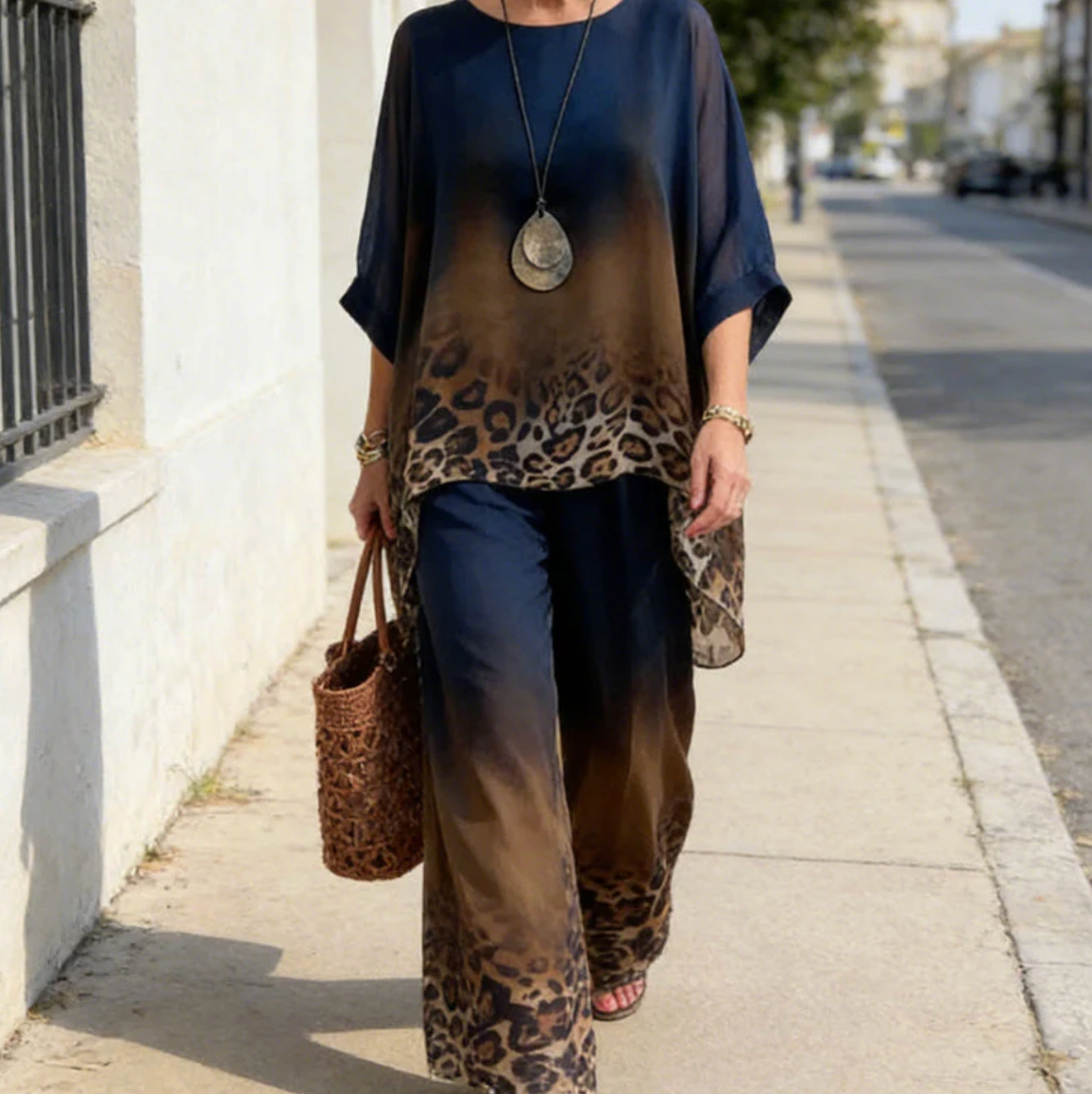 Ensemble Femme Poncho Léopard Dégradé Pantalon Large