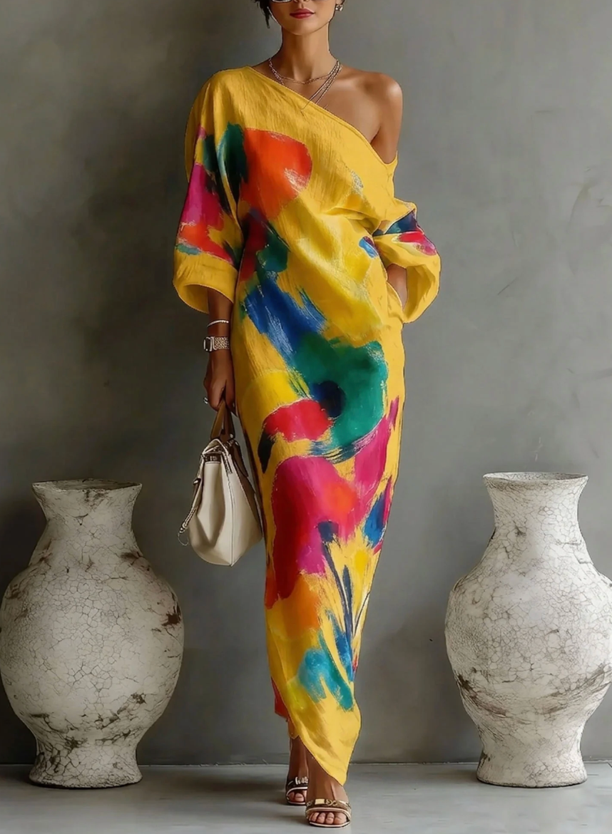 Robe Maxi Asymétrique Artistique à Une Épaule pour Femmes