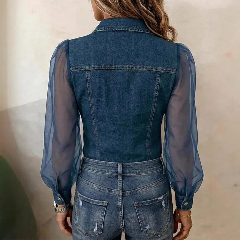 Chemise femme en denim avec manches transparentes
